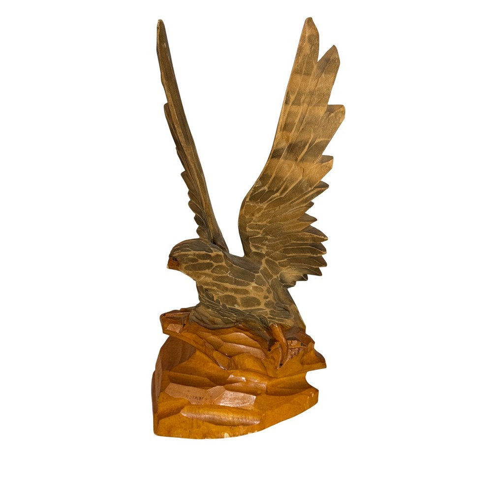 Vintage Eagle Sculpture Brown Hand Carved Wooden Figurine 10"